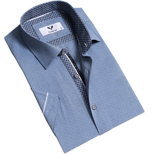 Blue With White Dots Short Sleeve Button up Shirts for Men - Tailored Slim Fit Cotton Dress Shirts