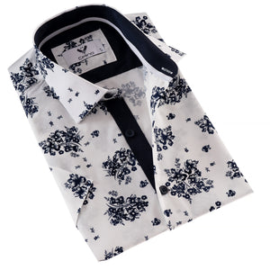 Navy Floral White Men's Short Sleeves Shirt - Tailored Slim Fit Cotton Dress Shirts