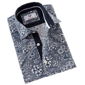 Navy Floral Men's Short Sleeves Shirt - Tailored Slim Fit Cotton Dress Shirts