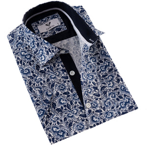 Blue White Printed Men's Short Sleeves Shirt - Tailored Slim Fit Cotton Dress Shirts