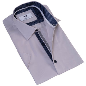 Gray inside Blue Polka dot  Men's Short Sleeves Shirt- Tailored Slim Fit Cotton Dress Shirts