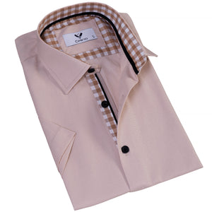 Beige Nova Plaid Men's Short Sleeves Shirt- Tailored Slim Fit Cotton Dress Shirts