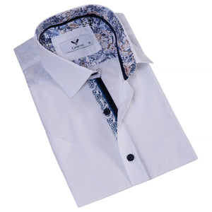 White inside Blue Paisley Men's Short Sleeves Shirt- Tailored Slim Fit Cotton Dress Shirts