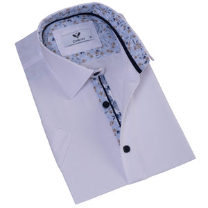 White inside Blue Floral Men's Short Sleeves Shirt- Tailored Slim Fit Cotton Dress Shirts