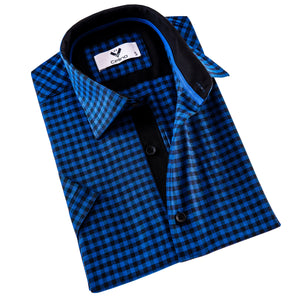 Blue Black Checkered Men's Short Sleeves Shirt- Tailored Slim Fit Cotton Dress Shirts