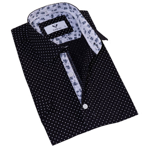 Black White Polka Dot Men's Short Sleeves Shirt- Tailored Slim Fit Cotton Dress Shirts