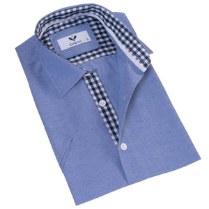 Blue inside Checkered Men's Short Sleeves Shirt- Tailored Slim Fit Cotton Dress Shirts