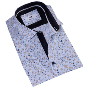 Blue Floral Men's Short Sleeves Shirt- Tailored Slim Fit Cotton Dress Shirts
