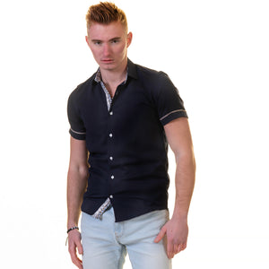 Midnight Blue Short Sleeve Button up Shirts for Men - Tailored Slim Fit Cotton Dress Shirts