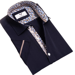 Midnight Blue Short Sleeve Button up Shirts for Men - Tailored Slim Fit Cotton Dress Shirts