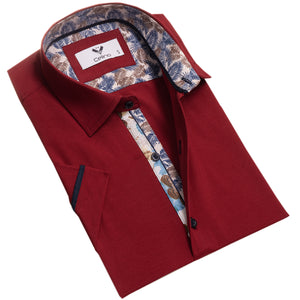 Dark Red Short Sleeve Button up Shirts for Men - Tailored Slim Fit Cotton Dress Shirts