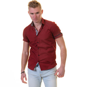 Dark Red Short Sleeve Button up Shirts for Men - Tailored Slim Fit Cotton Dress Shirts