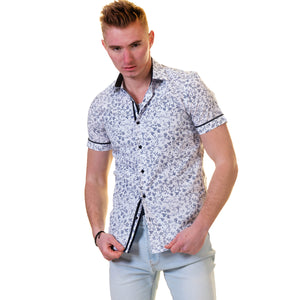 White Floral Short Sleeve Button up Shirts for Men - Tailored Slim Fit Cotton Dress Shirts