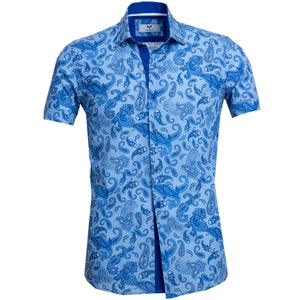 Blue Paisley Short Sleeve Button up Shirts for Men - Tailored Slim Fit Cotton Dress Shirts