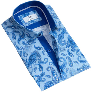 Blue Paisley Short Sleeve Button up Shirts for Men - Tailored Slim Fit Cotton Dress Shirts