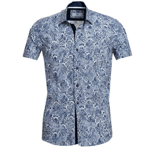 White Navy Blue Paisley Short Sleeve Button up Shirts for Men - Tailored Slim Fit Cotton Dress