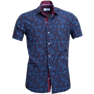 Navy Blue Floral Short Sleeve Button up Shirts for Men - Tailored Slim Fit Cotton Dress Shirts