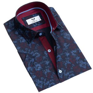 Navy Blue Floral Short Sleeve Button up Shirts for Men - Tailored Slim Fit Cotton Dress Shirts