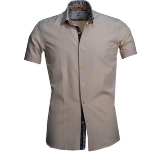 Peach Solid Short Sleeve Button up Shirts for Men - Tailored Slim Fit Cotton Dress Shirts