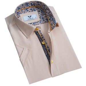 Peach Solid Short Sleeve Button up Shirts for Men - Tailored Slim Fit Cotton Dress Shirts