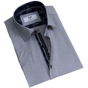 Grey Solid Short Sleeve Button up Shirts for Men - Tailored Slim Fit Cotton Dress Shirts