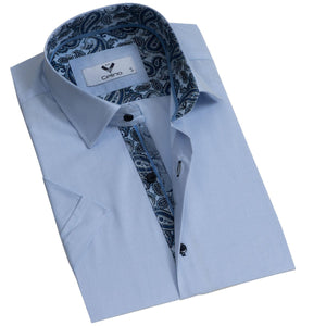 Light Blue Solid Short Sleeve Button up Shirts for Men - Tailored Slim Fit Cotton Dress Shirts