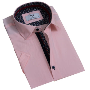 Light Pink Solid Short Sleeve Button up Shirts for Men - Tailored Slim Fit Cotton Dress Shirts