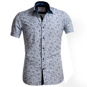 Light Blue Paisley Short Sleeve Button up Shirts for Men - Tailored Slim Fit Cotton Dress Shirts