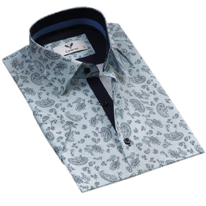 Light Blue Paisley Short Sleeve Button up Shirts for Men - Tailored Slim Fit Cotton Dress Shirts