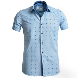 Blue Squares Short Sleeve Button up Shirts for Men - Tailored Slim Fit Cotton Dress Shirts