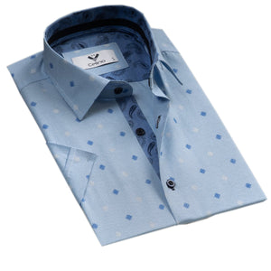Blue Squares Short Sleeve Button up Shirts for Men - Tailored Slim Fit Cotton Dress Shirts