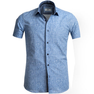 Blue Denim Short Sleeve Button up Shirts for Men - Tailored Slim Fit Cotton Dress Shirts