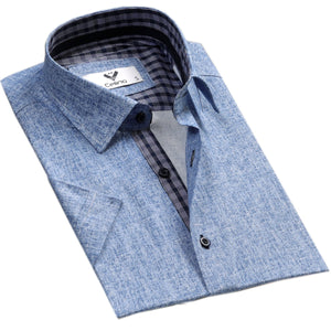 Blue Denim Short Sleeve Button up Shirts for Men - Tailored Slim Fit Cotton Dress Shirts