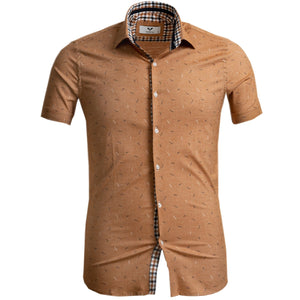 Beige Check Short Sleeve Button up Shirts for Men - Tailored Slim Fit Cotton Dress Shirts