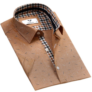 Beige Check Short Sleeve Button up Shirts for Men - Tailored Slim Fit Cotton Dress Shirts