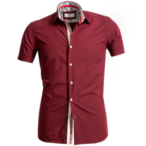 Burgundy Solid Short Sleeve Button up Shirts for Men - Tailored Slim Fit Cotton Dress Shirts
