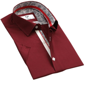 Burgundy Solid Short Sleeve Button up Shirts for Men - Tailored Slim Fit Cotton Dress Shirts