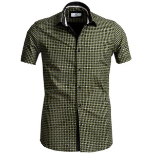 Black with Green Clovers Short Sleeve Button up Shirts for Men - Tailored Slim Fit Cotton Dress