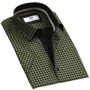 Black with Green Clovers Short Sleeve Button up Shirts for Men - Tailored Slim Fit Cotton Dress