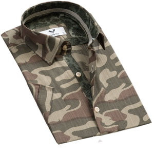 Camouflage Green Short Sleeve Button up Shirts for Men - Tailored Slim Fit Cotton Dress Shirts