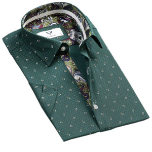 Green with Colorful Paisley Short Sleeve Button up Shirts for Men - Tailored Slim Fit Cotton Dress