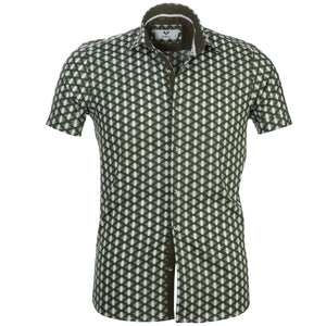 Green & White Short Sleeve Button up Shirts for Men - Tailored Slim Fit Cotton Dress Shirts
