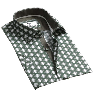 Green & White Short Sleeve Button up Shirts for Men - Tailored Slim Fit Cotton Dress Shirts