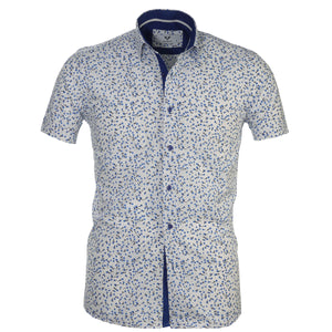 White & Blue Floral Short Sleeve Button up Shirts for Men - Tailored Slim Fit Cotton Dress Shirts