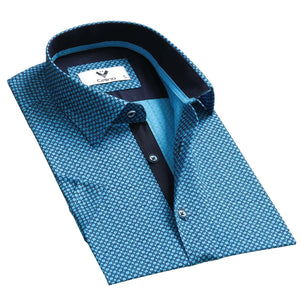 Blue on Dark Blue Short Sleeve Button up Shirts for Men - Tailored Slim Fit Cotton Dress Shirts