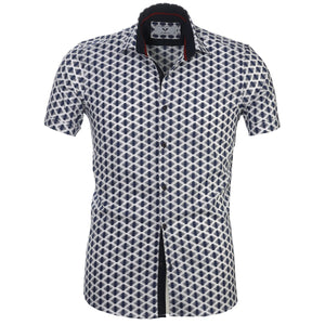 Blue & White Short Sleeve Button up Shirts for Men - Tailored Slim Fit Cotton Dress Shirts