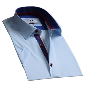 Sky Blue Solid Short Sleeve Button up Shirts for Men - Tailored Slim Fit Cotton Dress Shirts