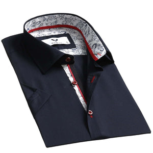 Navy Blue Solid Short Sleeve Button up Shirts for Men - Tailored Slim Fit Cotton Dress Shirts