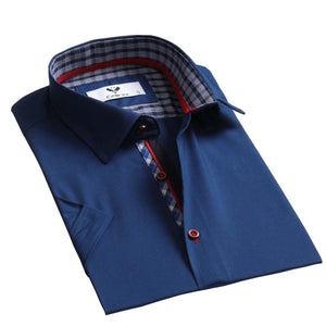 Medium Blue Solid Short Sleeve Button up Shirts for Men - Tailored Slim Fit Cotton Dress Shirts