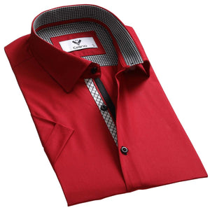 Red Solid Short Sleeve Button up Shirts for Men - Tailored Slim Fit Cotton Dress Shirts